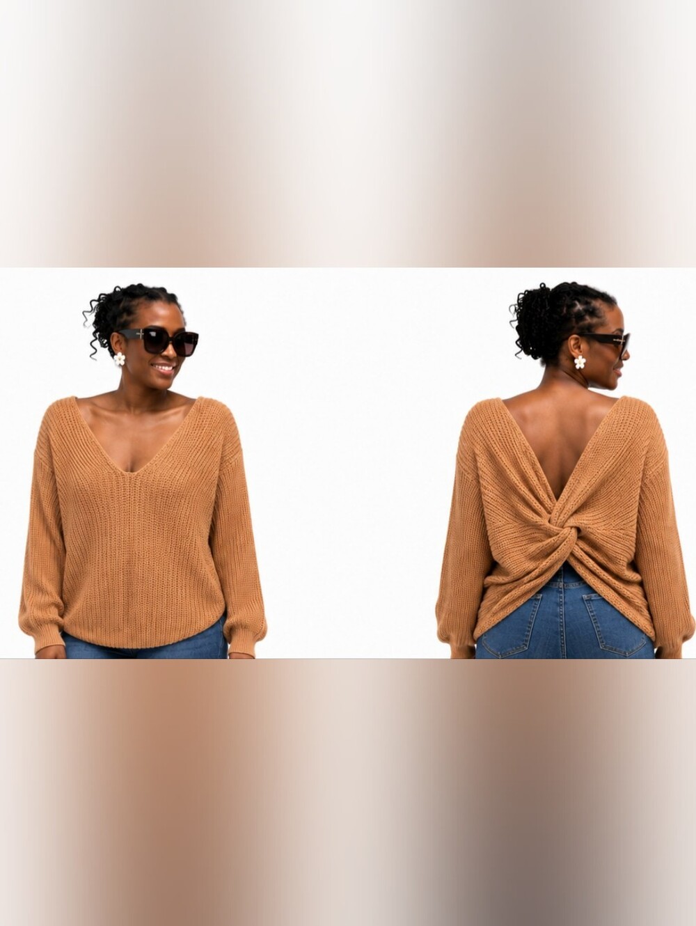 Love Tree Women's V-Neck Twist-Back Sweater in Camel